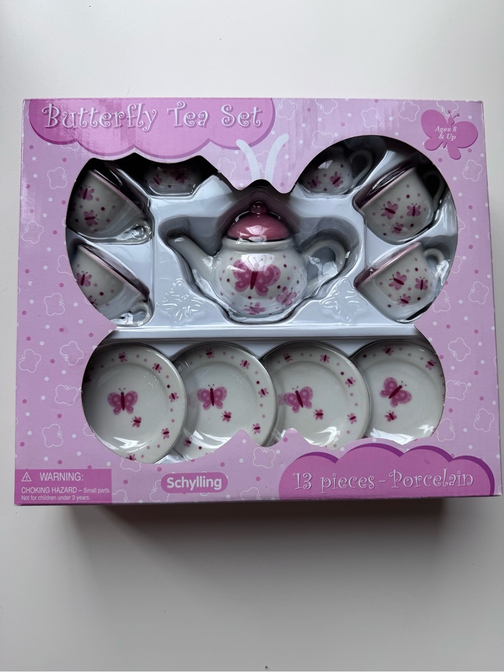 Schylling Butterfly Tea Set - Pink Porcelain 13-Piece Kids Tea Playset
